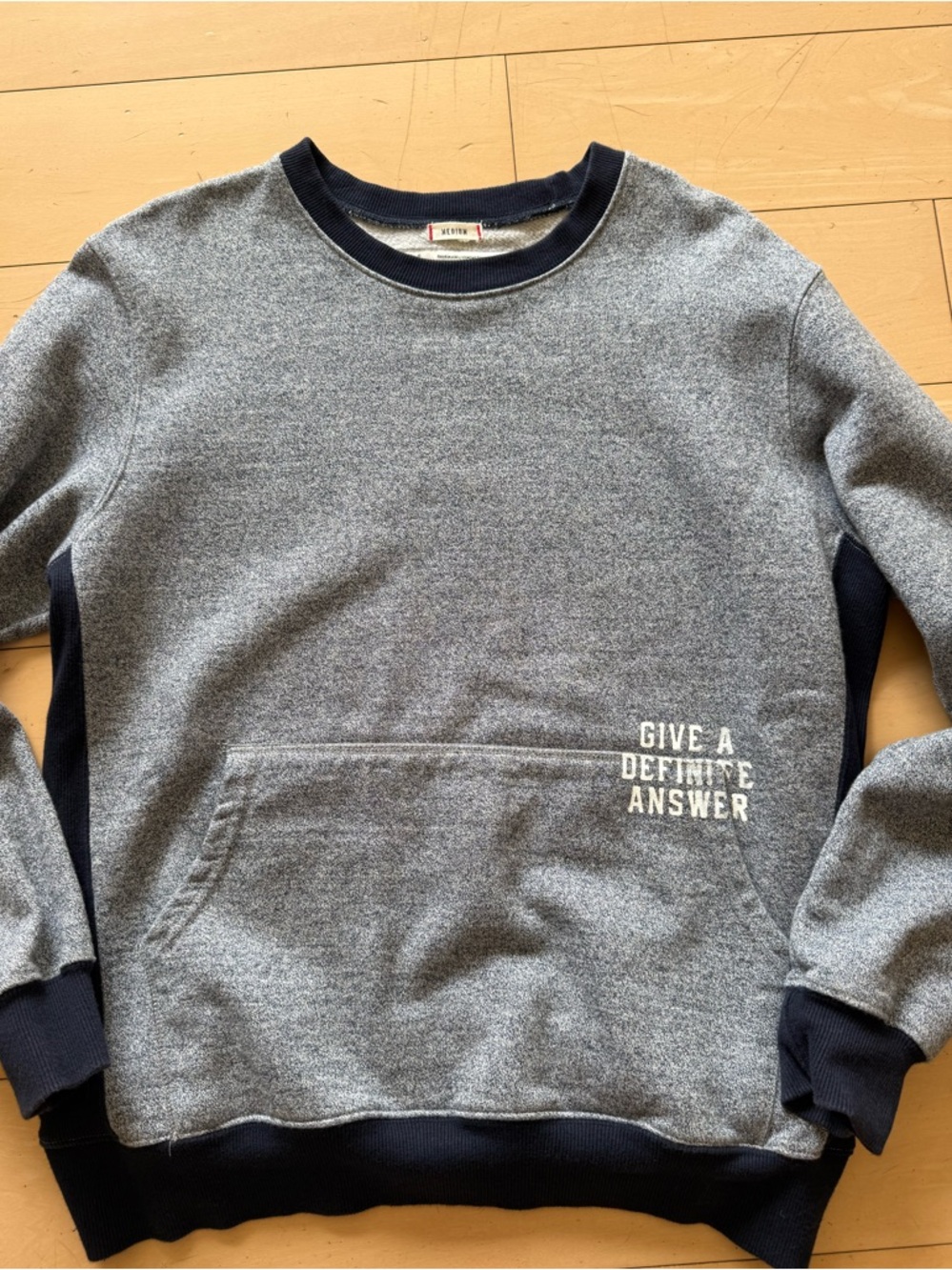 Men's Navy/Oatmeal Crewneck Sweatshirt w/ screenprint at front kangaroo pocket